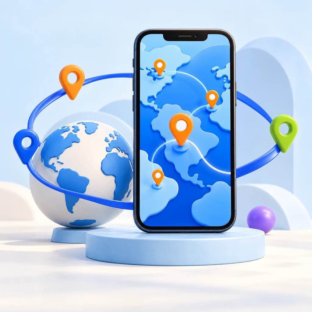 Illustration: a smartphone, globe and colorful map pins.