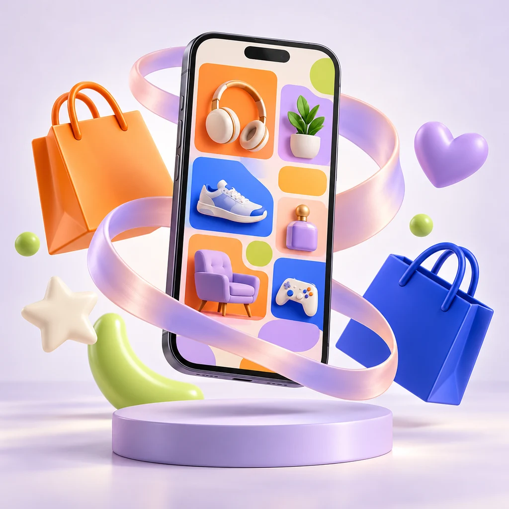 Illustration: a smartphone and shopping objects on a soft lilac background.